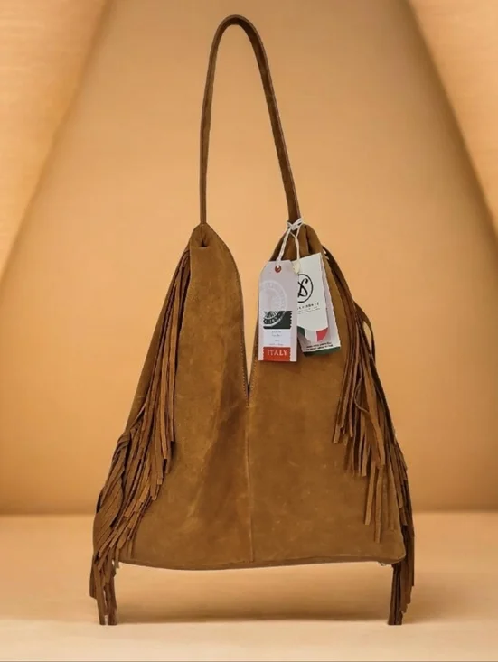 NWT Divina Firenza Caramel Italian Suede Fringe Shoulder Bag Made In Italy - Picture 1 of 11